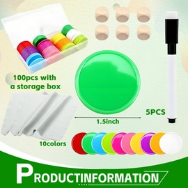 Plastic Dry Erase Tokens Set of 100 with 1pc Box 5 Dry Erase Markers 2 Wipes and 6 Dice,DIY Board Game Tokens Reusable Blank Learning Counters and Colorful Chips for Tabletop Games