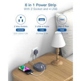 Extension Lead, Power Strips with 2 Way Outlets 4 (4.5A, 1 Type C and 3 USB-A Port) Surge Protection Plug Extension Socket with 1.6 Meter Braided cord for Home Office (Gray)
