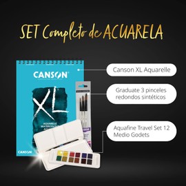 Canson XL Aquarelle A4 Pack with 30 Sheets, Watercolour 12 Aquafine Travel Set Daler Rowney and 3 Round Brushes, Complete Professional Watercolor Set for All Ages – Ofituria