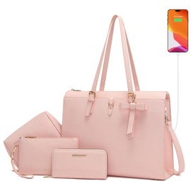 Keyli Laptop Tote Bag for Women Large Waterproof Leather Work Laptop Briefcase with Built-in USB Charging Port Computer Shoulder Bags Fits 15.6 Inch, Business Handbag Purse 4pcs Set Pink