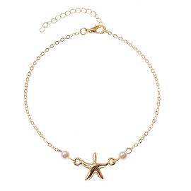 Pearl Starfish Anklet Bracelet Boho Faux Pearl Beads Anklet Minimalist Beaded Beach Foot Chain Adjustable Jewelry for Women (Gold)