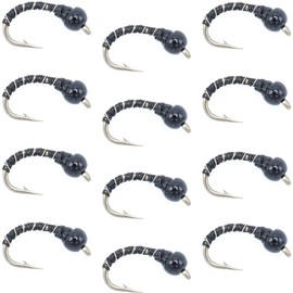 The Fly Fishing Place Black Zebra Midge - Black Bead Head - 1 Dozen - Size 14 - Tailwater and Lake Fly Fishing Flies
