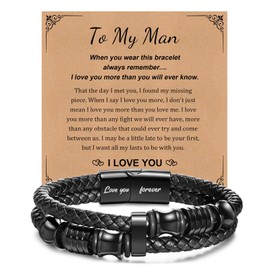 VNOX Leather Mens Bracelet Braided Leather Bracelet for Men Gifts for Dad Boyfriend Husband Stainless Steel Clasp Engraved with Love You Forever Jewelry Valentine's Day Father's Day Birthday Gifts