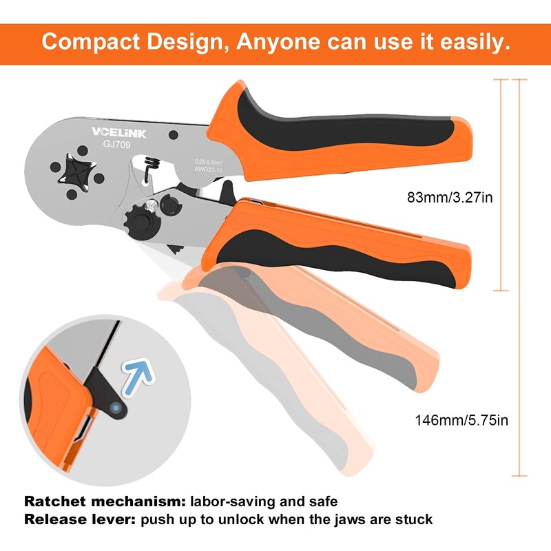 VCELINK GJ709 Crimper Plier, 0.25-6mm²/AWG23-10, Self-Adjustable Ratchat Wire Crimping Tool,