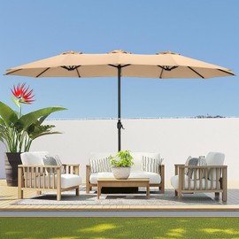 HOMSHADE Double Sided Patio Umbrellas - 15ft Outdoor Extra Large Market Table Umbrella with Base Included, Oversized Umbrella for Deck, Pool, (Beige)