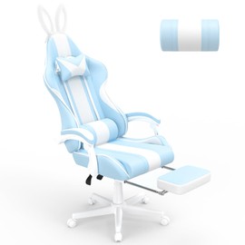 Ferghana Kawaii Light Blue Gaming Chair with Bunny Ears, Ergonomic Cute Gamer Chair with Footrest and Massage, Racing Reclining Home Computer Game Chair for Girls Adults Teens Kids