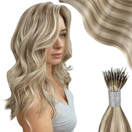 Moresoo Nano Hair Extensions Human Hair Light Brown with Platinum Blonde Highlight 16 Inch Nano Bead Hair Extensions Human Hair for Add Length Silky Soft 50G/50S
