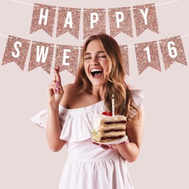 Pre-strung Happy Sweet 16 Birthday Banner - No DIY - Rose Gold Glitter Sweet Sixteen Party Banner - Pre-strung Garland on 6 ft Strands - Rose Gold Birthday Party Decoration. Did We Mention No DIY