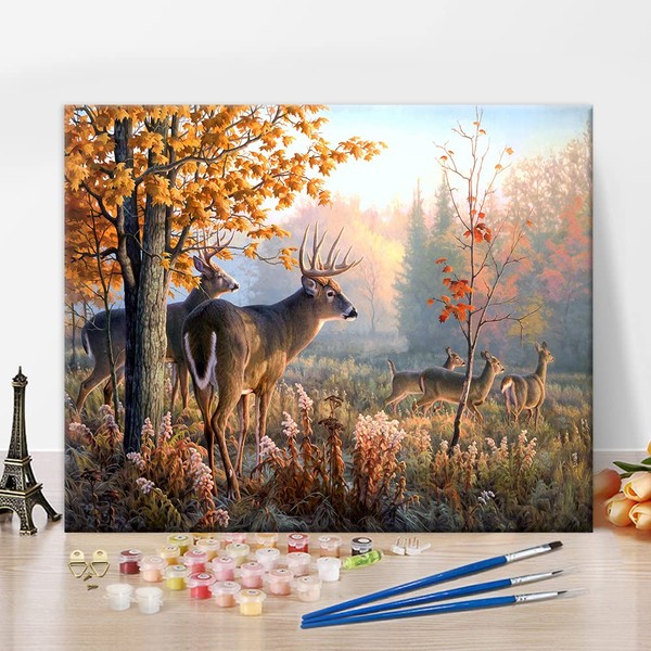 TISHIRON Deer Paint by Number for Adults, Forest Animal Paint by Numbers Kits, Rustic Wildlife Landscape Painting Paint by Numbers, Animal Canvas Gift for Adults for Home Office Frameless 16x20 Inch