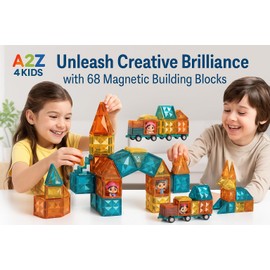 A2Z 4 Kids 68PCS Magnetic Building Blocks for Kids 3D Colourful Diamond Tiles STEM Construction Set with Wheels Figures & Guide Educational Magnet Toy for Boys Girls Aged 3 4 5 6 7 8+