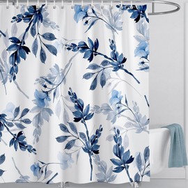 LIVETTY Shower Curtain Blue Leaves Curtain 180×180cm Floral Shower Curtain for Bathroom Quick-Drying Kitchen Curtains Machine Washable with 12 Hooks-Multi-Color