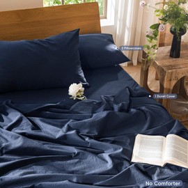 MooMee Bedding Duvet Cover Set 100% Washed Cotton Linen Like Textured Breathable Durable Soft Comfy (Solid Navy, King 104"x90")
