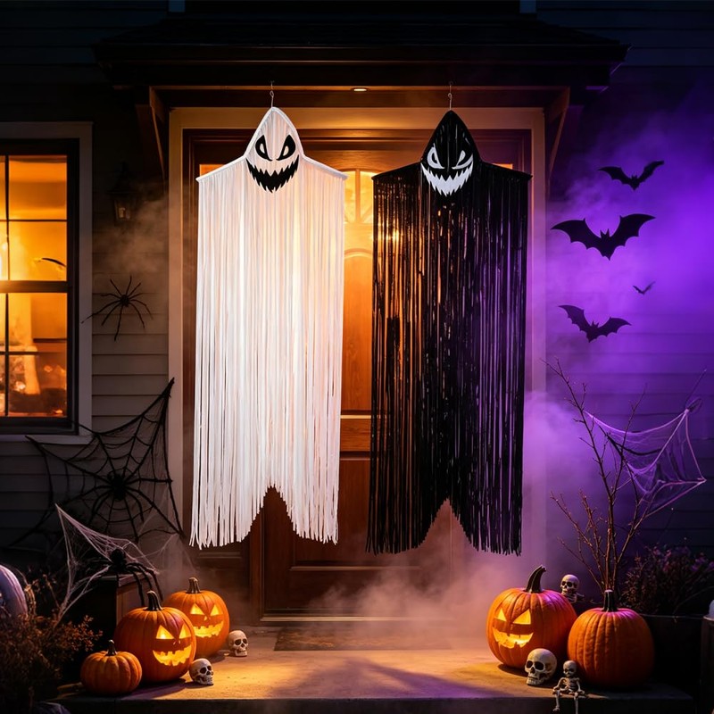 2 Pack Hanging Halloween Decorations Skeleton Ghost Outdoor Black &