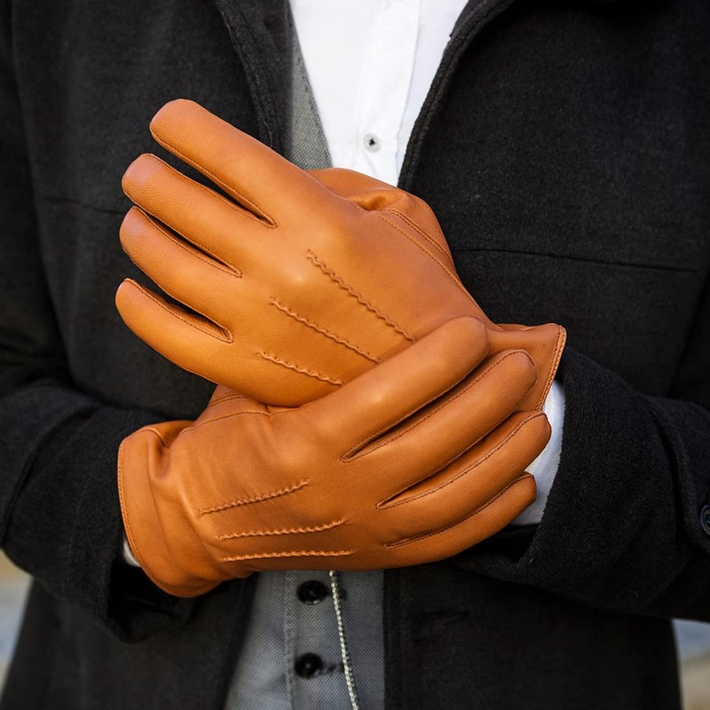 Harssidanzar Leather Gloves For Mens Comfort Cashmere Lined Gloves GMUK006,Tan,