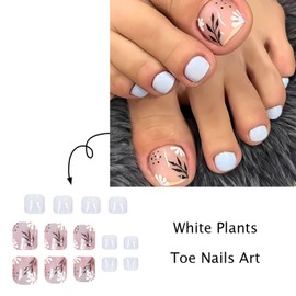 GCSQW Press on Toenails Short Square Fake Toe Nails with Flower Leaf Designs White Floral Toe Nails Press ons Artificial Nails Glossy Full Cover Acrylic False Toenails for Women 24Pcs