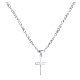 Kuzzoi Men's Necklace Shiny Polished with Cross Pendant (21 mm) in Fashionable Design, Figaro Chain for Man and Friend with Religious Cross Made of 925 Sterling Silver, Length 60 cm (Silver), Sterling