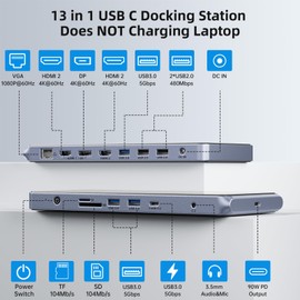 USB C Universal Docking Station for 3 Monitors, Power Adapter Attached - 14 in 1 Hub with HDMI*2, DisplayPort 4K60Hz, 10Gbps USB C/A, 1Gbps Ethernet, SD/TF, Audio&Mic, for MacBook/Dell/HP.etc