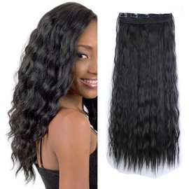 LaLuLoLi 2# Natural Black 24 Inches Long Corn Wave Curly Wavy One Piece Synthetic Clip in Hair Extensions 110g Full Head Clip Ins Hairpiece for Women Lady Girl Party Daily Use (5clips)