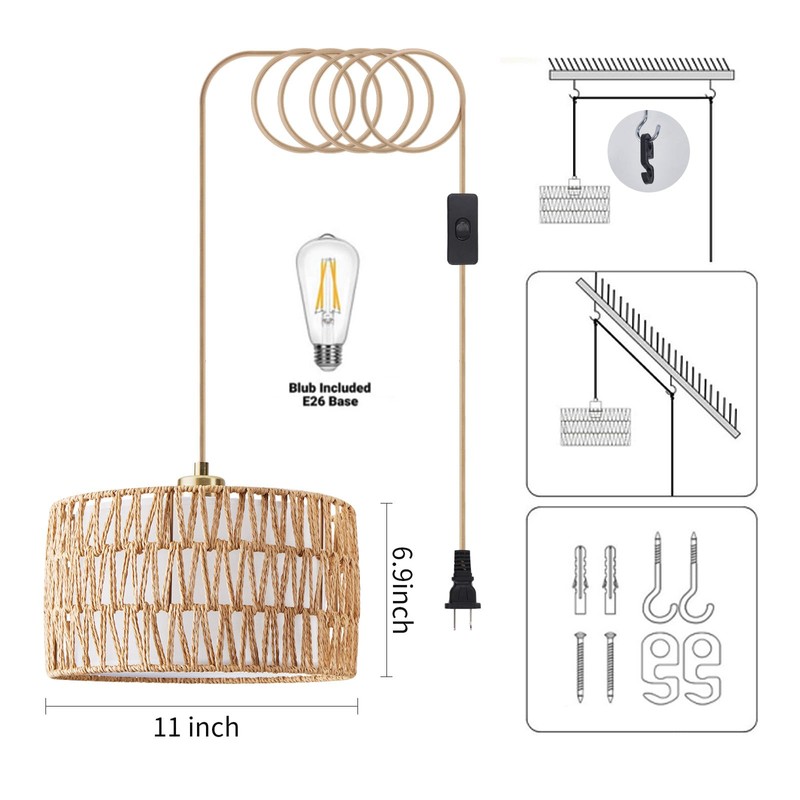 Beser·Win Plug in Pendant Light Rattan Hanging Lights with Plug