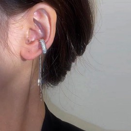 Rhinestone Ear Cuff Strip Tassel Drop Earrings,Non Pierced Clip On Cartilage Earrings, Trendy Wrapped Ear Jewelry Gifts for Women (Silver)