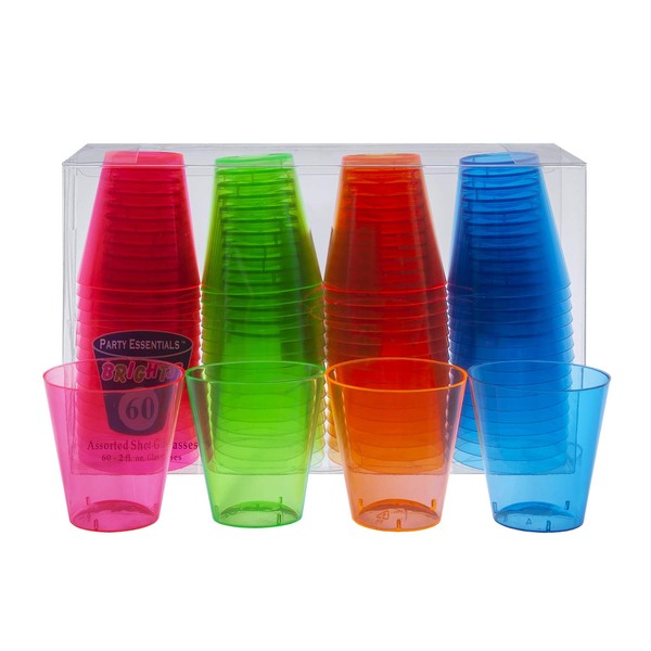 Party Essentials Hard Plastic 2-Ounce Shot/Shooter Glasses, Pack of 60, Assorted Neon, Multicolor