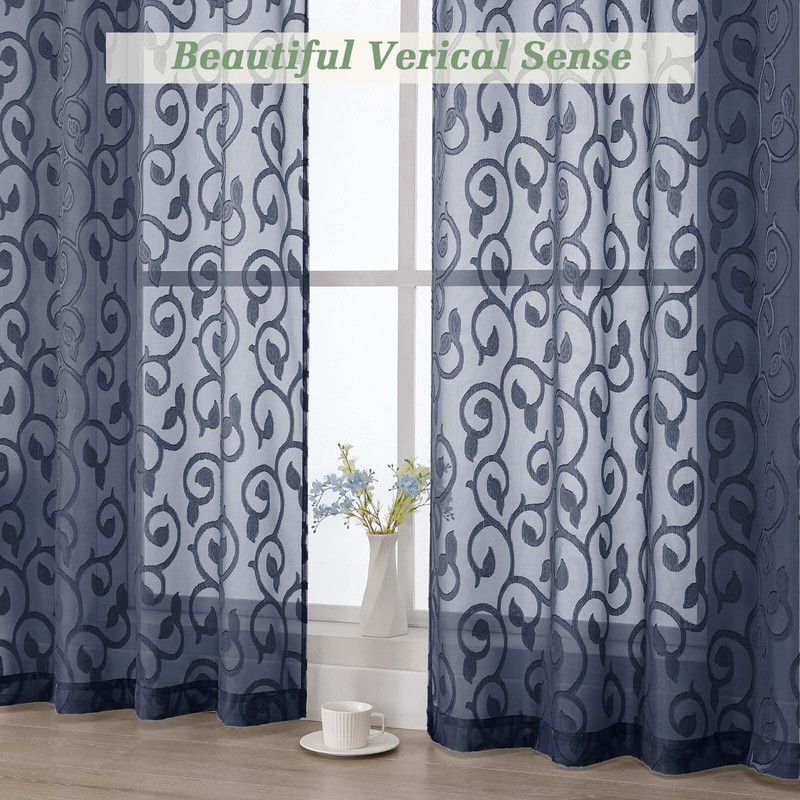 WelvetBLK Navy Blue Sheer Curtains 84 Inches Long 2 Panels