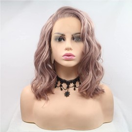 Xiweiya Short Curly Hair Ash Pink 14" Bob Wavy Wig Synthetic Lace Front Wig Side Part Heat Resistant Fiber Bob Soft Hair for Women Girl Makeup
