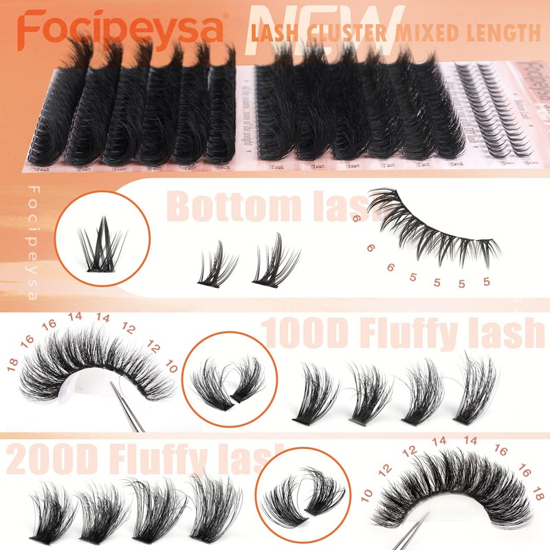 Focipeysa Lash Clusters 100D 200D Lash Extension with Bottom Lash