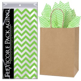 Flexicore Packaging Natural Brown Kraft Paper Gift Bags & Lime Green Gift Wrap Tissue Paper | Size: 8 Inch X 4.75 Inch X 10.5 Inch | Count: 5 Bags | Color: Lime Green Chevron