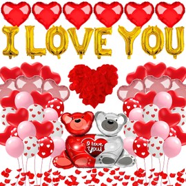 Valentine Day Balloons Red Heart Balloons Set, Heart Balloons Kit With 1000 Pcs Red Silk Rose I Love You Aluminum Foil Balloons Decoration for Valentine's Day Anniversary Wedding Party Decoration