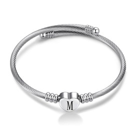 MiiFort Women's Initial Name Silver Cuff Bangle Letter M Bracelet Love Heart Stainless Steel Family Sister Daughter Granddaughter Birthday