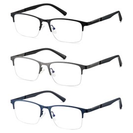 Kafirlo Cheaters Half Frame Reading Glasses Men Blue Light Blocking Reader Computer Wide Rimless Frameless Stylish Designer Fashion Unbreakable Eyeglass Metal Large big head Spring Hinge 3 Pack +3.00
