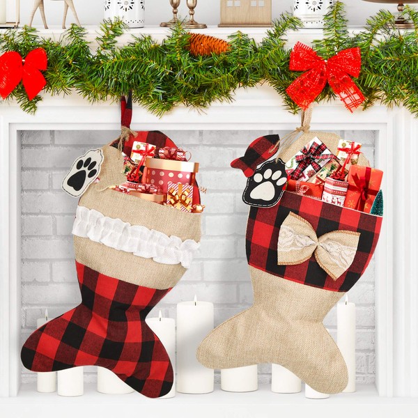 Mocoosy Pet Cat Christmas Stockings 19 Inch, Large Fish Shaped Burlap Plaid Christmas Stockings Fireplace Hanging Stockings Christmas Decorations for Home Holiday Xmas Decor 2 Pack