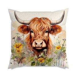 UTXN Highland Cow Pillow Cover 18x18 Inches - Scottish Themed Throw Cushion Case with Floral Design, Home Decor for Couch Sofa Living Room, Outdoor Gift for Women (45x45cm)