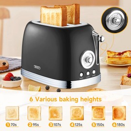 Wiltal Toaster 2 Slice, Retro Roaster, Bagel Toaster, With Stainless Steel Lid, With Bread Attachment, Preheat, Defrost And Cancel Functions, Countdown Timer Display, 6 Browning Levels（Black）
