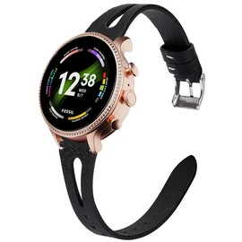 Lamshaw Compatible for Fossil Gen 6 Smartwatch Band, Slim Vintage Leather Strap Women, Man Wristband Accessories Compatible for Fossil Gen 6 42mm / 44mm Smartwatch (Black, 42mm case-Women)