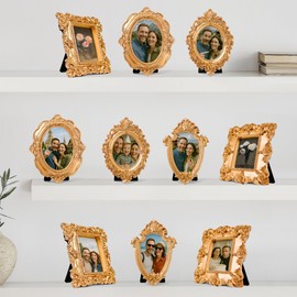 97 Decor Small Gold Picture Frames Set - 10 Pcs Oval Rectangle Golden Mini Frames, Baroque Gallery Wall Frame Pack, Assorted Vintage Frame For Wall Decor (With Backing, Without Glass)
