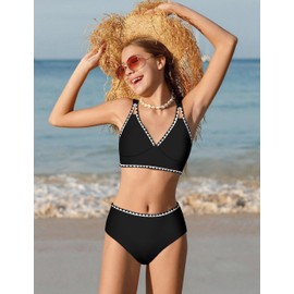 Dearnow Girls Swimsuits Size 14-16 V-Neck Shell Stitched Black Solid Color High Waisted Adjustable Straps 3 Piece Bathing Suit Bikini with Cover Up