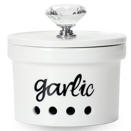 Garlic Keeper with Crystal Lid, 12.5 oz Ceramic Garlic Saver Container for Countertop, Farmhouse Kitchen Decor (Silver)