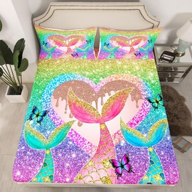 Mermaid Fitted Sheet Single Size, Colorful Glitter Bed Cover with 1 Pillowcase, Mermaid Tail Butterfly Bedding Set 2pcs for Kids Girls Adults Room Decor, Soft Polyester Bedding