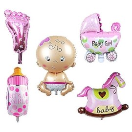 TRIXES 5-er Set Folienluftballons in Pink, Motto Baby-Dusche in den Motiven Kinderwagen, Schaukelpferd, Fläschchen, Fuß und Baby