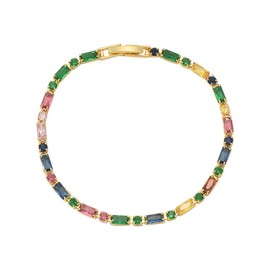 Baguette Rainbow Cubic Zirconia Tennis Bracelet For Women Gold Plated Fashion Dainty Diamond Crystal Luxury Colored CZ Chain Link Bracelets Birthday Party Jewelry Gifts For Her Wife Daughter, 6.7in,