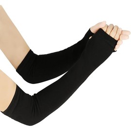 Womens Arm Warmers Long Fingerless Gloves, Knit Stretch Wrist Oversleeve with Thumb Hole for Ladies (Black, One size)