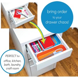 Three by Three Seattle 6 Piece Metal Organizer Tray Set for Storing Makeup, Stationery, Utensils, and More in Office Desk, Kitchen and Bathroom Drawers (2 Inch, Black Sky Blue and Stripes)