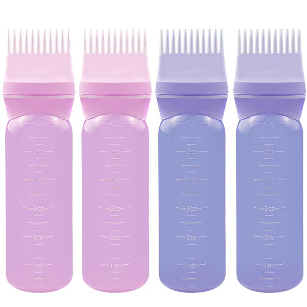 ELANE 4 PCS Root Comb Applicator Bottle,Hair Oil Applicator Bottle for Hair,Oil Comb Applicator Hair Bottle Applicator for Hair Dye Shampoos Hair Salons.6oz (purple+pink)