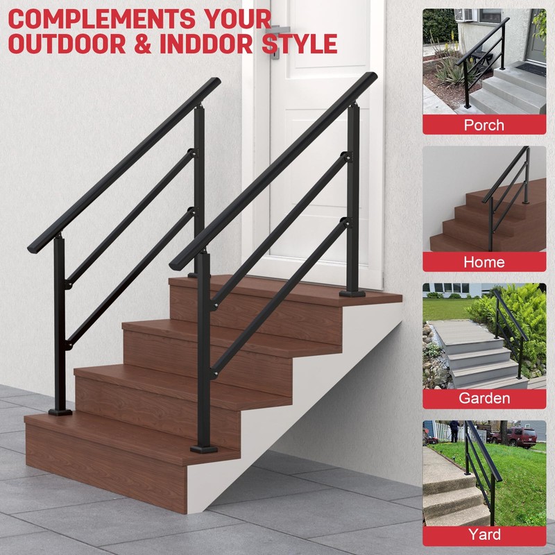 2 Pack Handrails for Outdoor Steps, Wrought Iron Black Stair