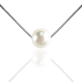 PEARLIE Dainty Pearl Pendant Necklaces for Women Handpicked Freshwater Cultured Single Bead, Simple Necklace Pendant Silvery Choker Delicate Pearl Chain Necklace Summer Costume Accessories