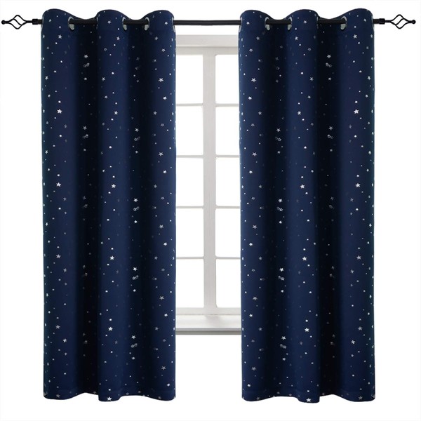BGment Navy Star Blackout Curtains for Kid's Bedroom - Grommet Thermal Insulated Room Darkening Printed Curtains for Living Room, Set of 2 Panels (42 x 63 Inch, Dark Blue)
