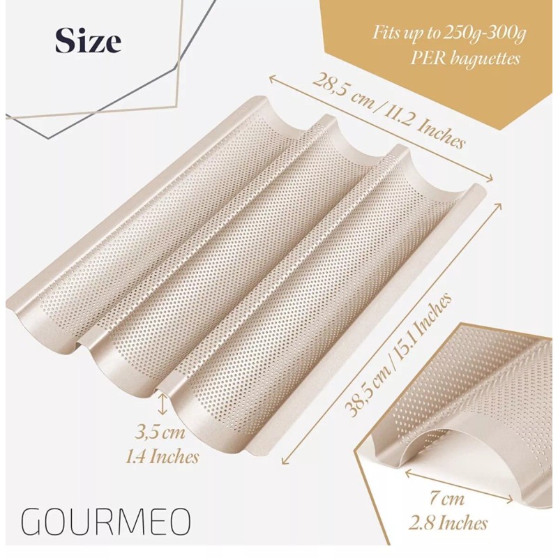 Gourmeo Non-Stick Baguette Baking Pan. 3 Loaf French Bread Tray.