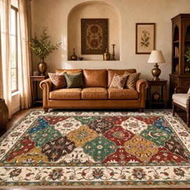 Retro Multi-Color Patchwork Area Rug, Bohemian Vintage Floral Rug, Non-Slip Washable Carpet for Living Room Bedroom